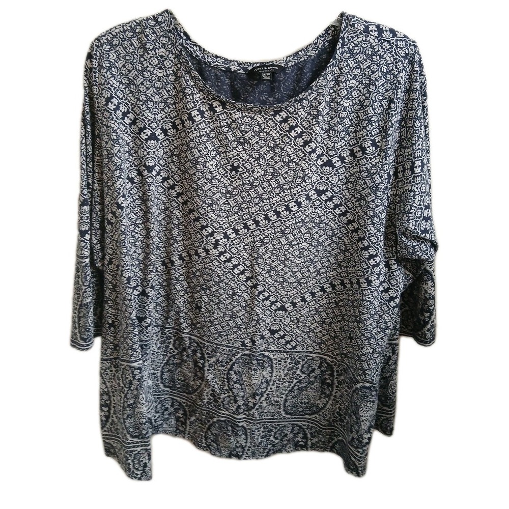 Lucky Brand 3X Womens Blue Pattern ‎ 3/4 Sleeve Top Shirt